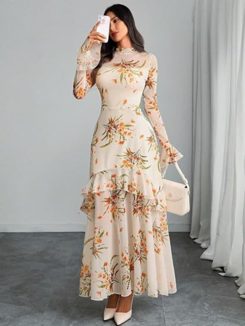 Women Floral Maxi Dress Bell Sleeve Party Wedding Guest Dresses
